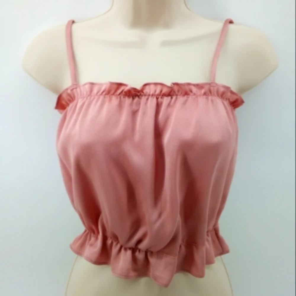 Free People Intimately Pink Salmon Dusty Elastic Ruffle Crop Tube Top Satin S - Picture 9 of 9